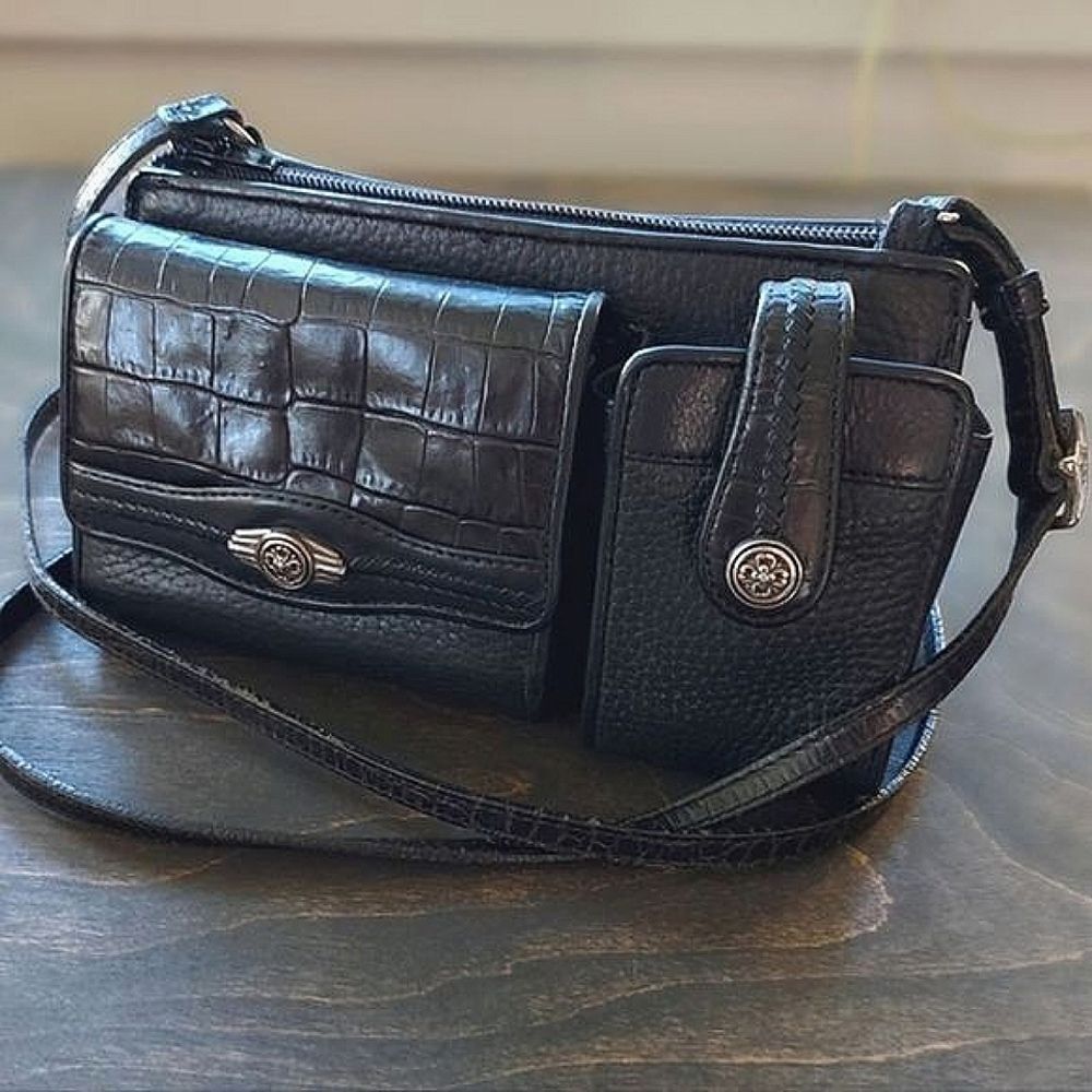 Vtg 90s black pebbled leather multi-pocket crossbody mini bag